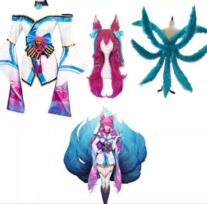KIT FANTASIA AHRI SPIRIT BLOSSOM + PERUCA + NOVE CAUDAS  - LEAGUE OF LEGENDS COSPLAY