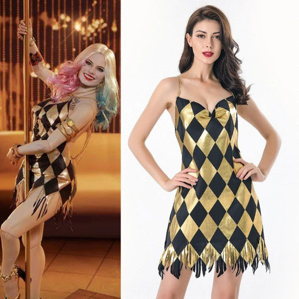 FANTASIA HARLEY QUINN ARLEQUINA - ESQUADRÃO SUICIDA VESTIDO DOURADO – H2L  COSPLAY